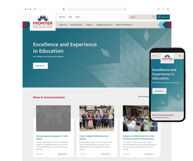 The Frontier School Division website with mobile view. Tagline reads, 
