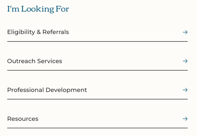 The "I'm looking for" section from POPDB's homepage. Links to Eligibility & referrals, Outreach services, Professional Development, and Resources.