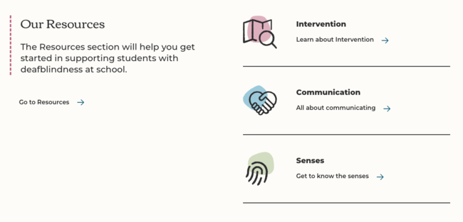 Part of the homepage of POPDB's site where they share resources for intervention, communication, and senses.
