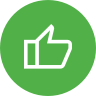 A green circle with the outline of a white thumbs up.