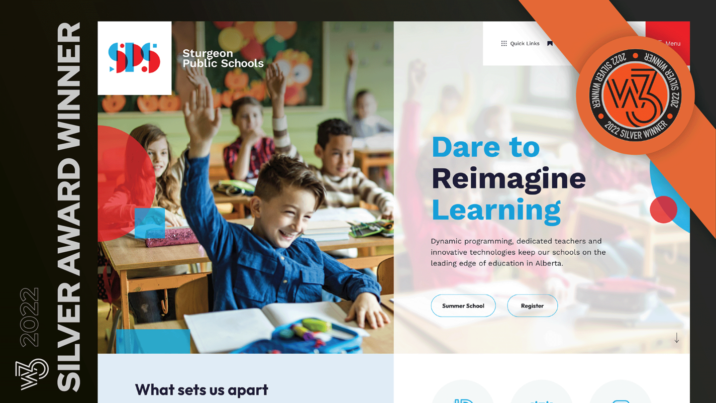 The Sturgeon Public Schools website. On the left, a girl with blue paint on her hand smiles. On the right, the tagline reads, 