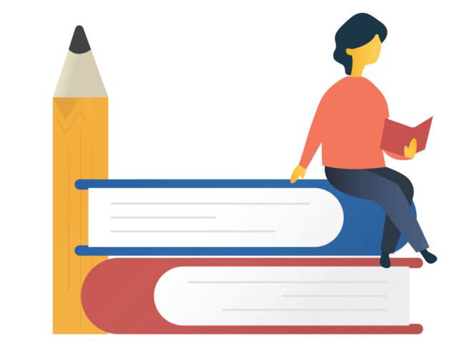 A woman sits on top of two books. She holds and open book in her hand, and there's a giant pencil to the left of the stack of books.
