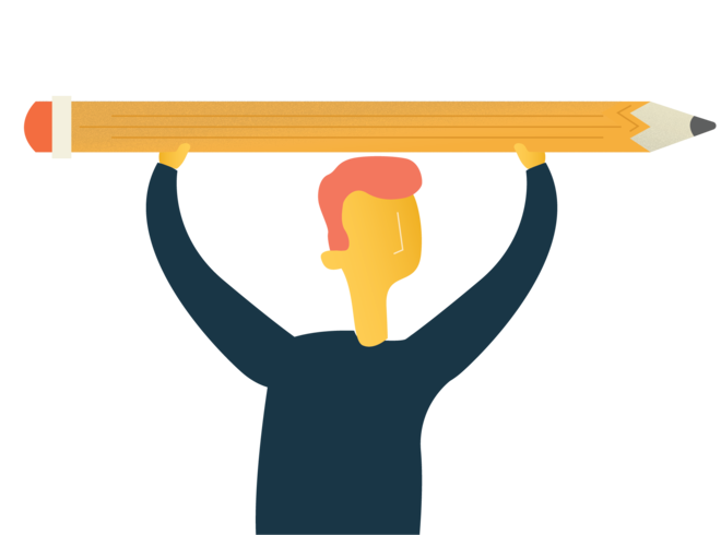 a graphic of a man holding a giant pencil above his head with both hands.
